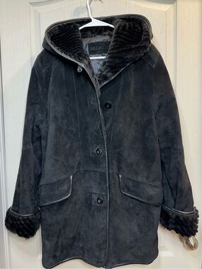 Vintage Y2K Nuage Black Suede Hooded Coat Fur Trim Gothic Whimsigoth 21”ptp